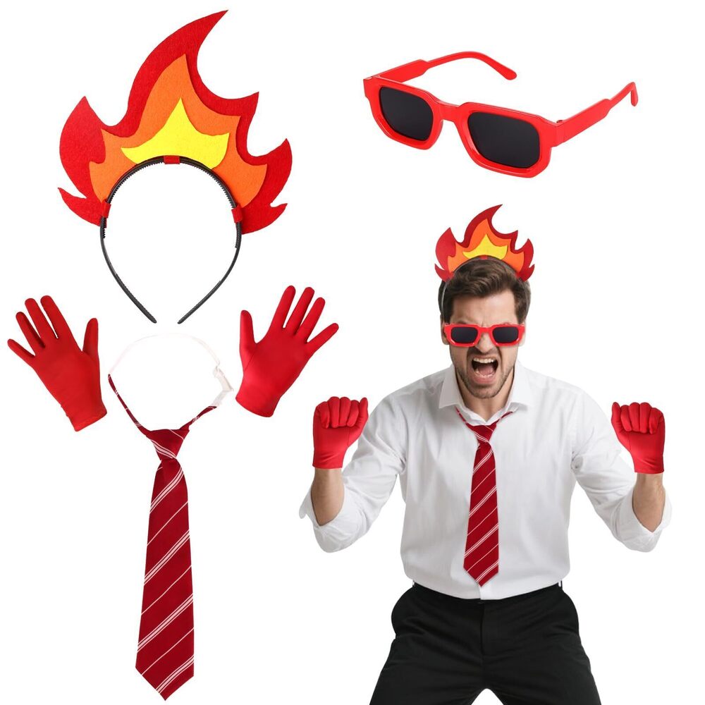 6671 Angry Costume Set Flame Hairy Headband Tripe Tie Gloves Eyes Glasses